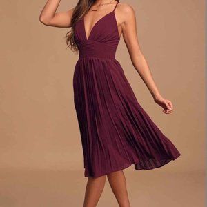 Love Me To The Moon Burgundy Pleated Midi Dress